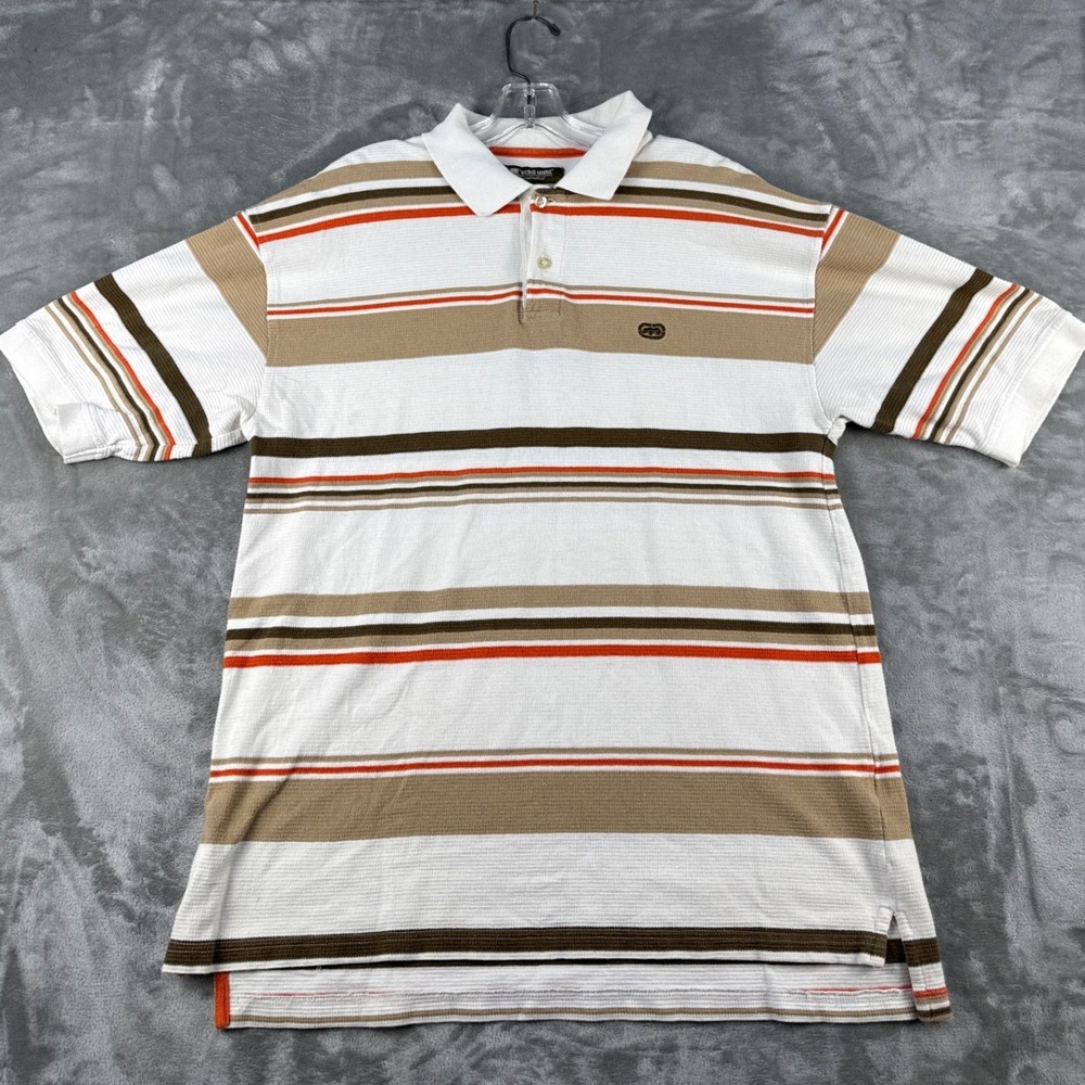 Ecko Unltd Polo Shirt Mens L Striped White Brown Orange Embroidered Rhino EUC